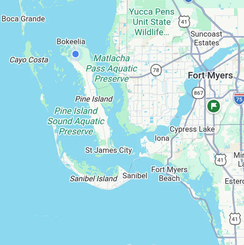 Stylized map showing Pine Island, Florida and surrounding waters with a marker on Tarpon Technology Solutions location