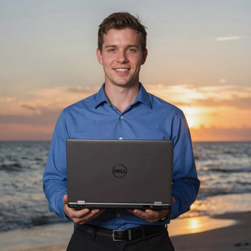 Friendly local IT expert smiling while holding a modern laptop against a sunset backdrop